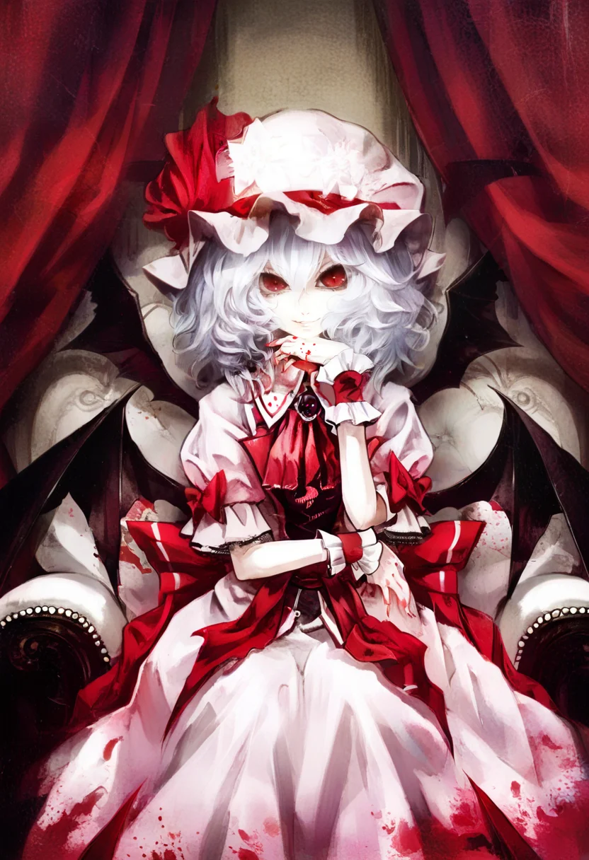 1girl, remilia scarlet, solo, hat, wings, bat wings, red eyes, sitting, wrist cuffs, looking at viewer, short hair, dress, smile, jewelry, ribbon, blood, ascot, brooch, hat ribbon, mob cap, curtains, chair, short sleeves, puffy sleeves <lora:banpaiAkiraOSXL_NBVP1_lokr_V6311P:0.95>