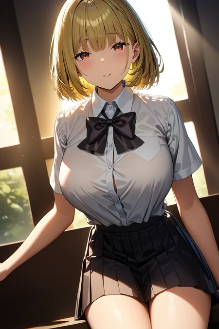 16k, 8k, 4k,
best quality, extremely detailed fine touch, hyper detailed, highly detailed, top quality, extreme quality, ultra details, absurdres, masterpiece, amazing details, beautiful illustration, detailed face,
source_anime, digital painting, anime,
very aesthetic, natural light, sun light, light rays, dappled light, reflection, shadows, ray tracing, soft lighting,
bright colors, vivid colors, hdr, volumetric lighting,
<lora:himeko2(sdxl):1.0> himeko, 1girl, brown eyes, large breasts, short hair, blonde hair, with bangs in a bob cut, kogal, (school uniform with white collared shirt tucked in, black bow, black pleated skirt), looking at viewer,