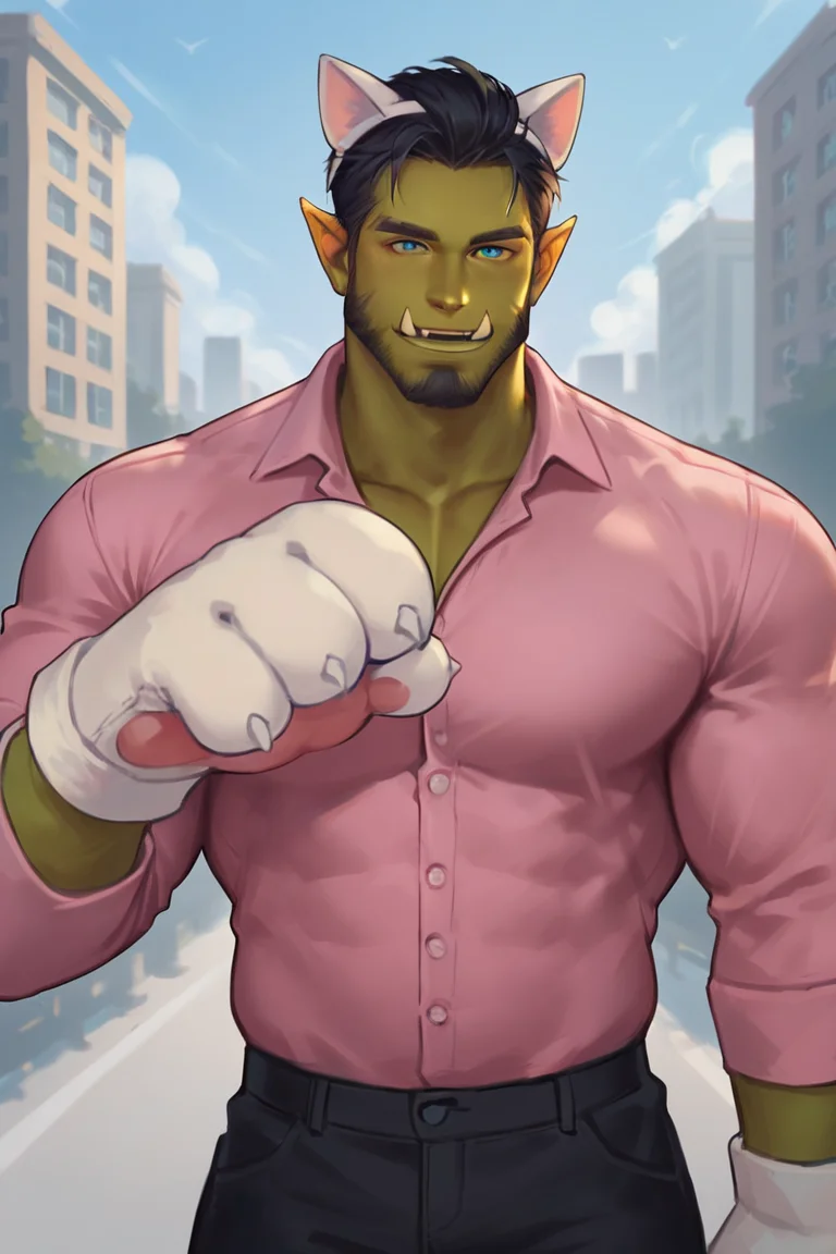 score_9, score_8_up, score_7_up, rating_safe, orc, green skin, tusks, facial hair, beard, mustache, black hair, blue eyes, pink shirt, collared shirt, long sleeves, black pants, muscular, 1boy, solo, male focus, mature male, fake animal ears, animal ears, cat ears, white cat ears, paw gloves, white paw gloves, cat paws, paw pose, smile, looking at viewer, cowboy shot, standing, outdoors, city, building <lora:NAI3 Smooth Boys Colored Skin Style LoRA_Pony XL v6:0.8>