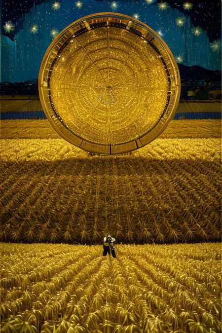 An astronaut in a golden wheat field at night, looking up at a starry night (in the style of Vincent van Gogh)