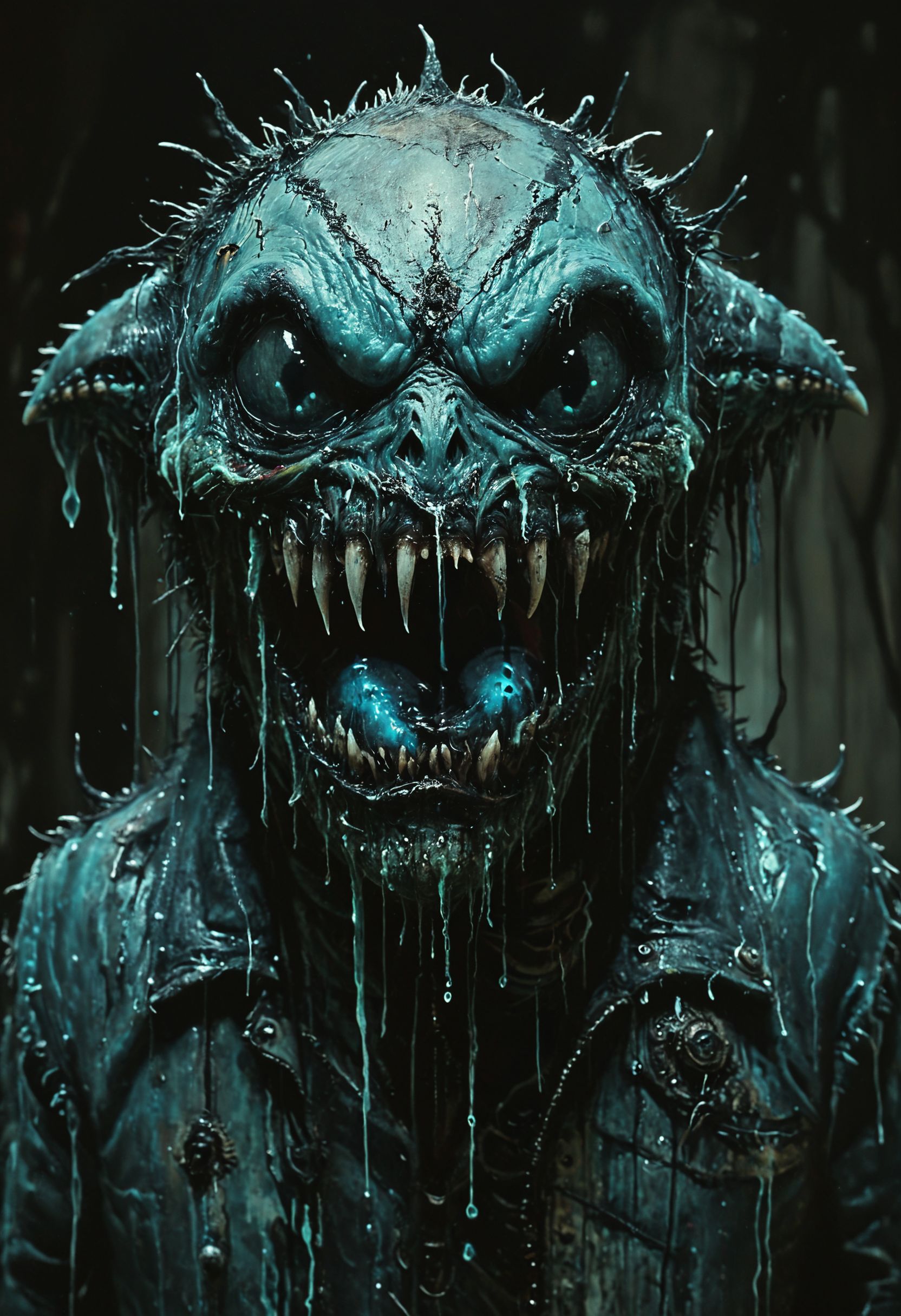 Grotesque creature with venomous, dripping fangs, Spotlighting, <lora:Melting_world:0.8>, <lora:Bio-Luminescence:0.8> bioluminescent, glowing