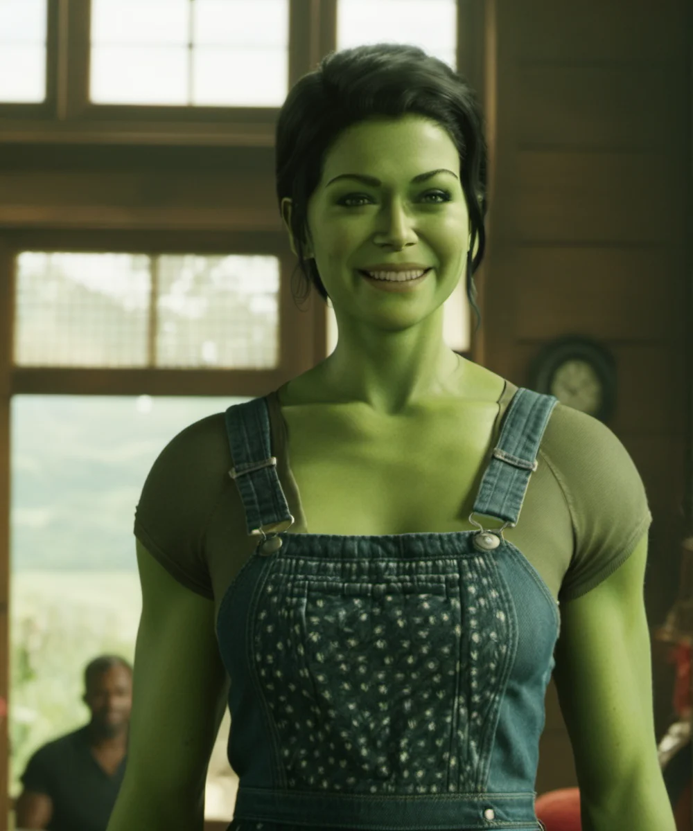 green skin, A full-body depiction of a ohwx woman ((hair tied back:1.4)) elegantly, an alluring ((dungaree dress:1.9)), a meticulously designed outfit, a mesmerizing smile, looking at the viewer, 4k, ultra high res <lora:SHEHULK_SDXL-000005:0.75>