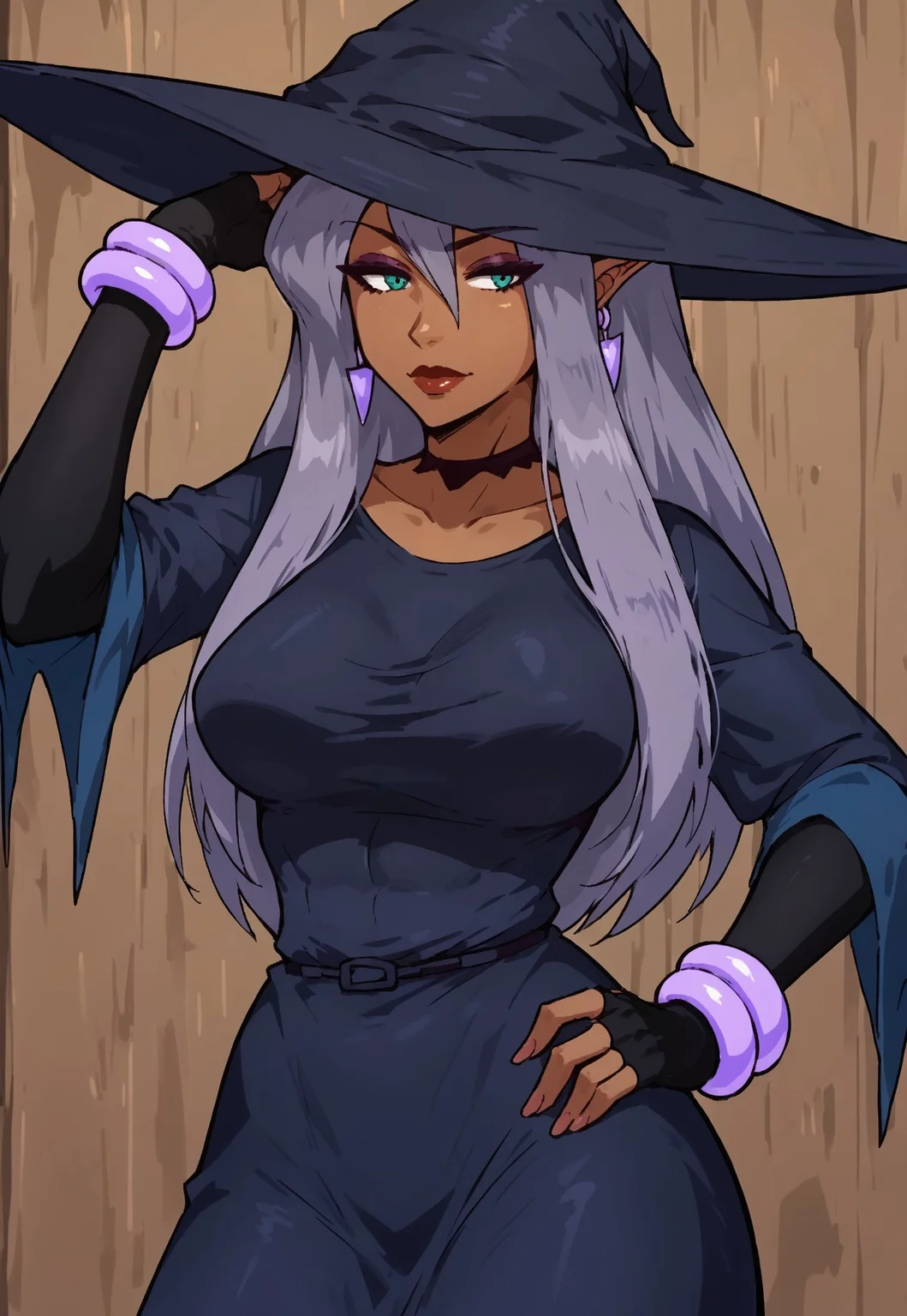 safe_pos, Score_9_up, score_8_up, score_7_up, source_anime, BREAK 1girl, solo, Rizella, dark-skinned female, long hair, hair between eyes, pointy ears, big breasts, witch hat, dress, elbow gloves, choker, earrings, bracelets, hand behind head, hand on hip,