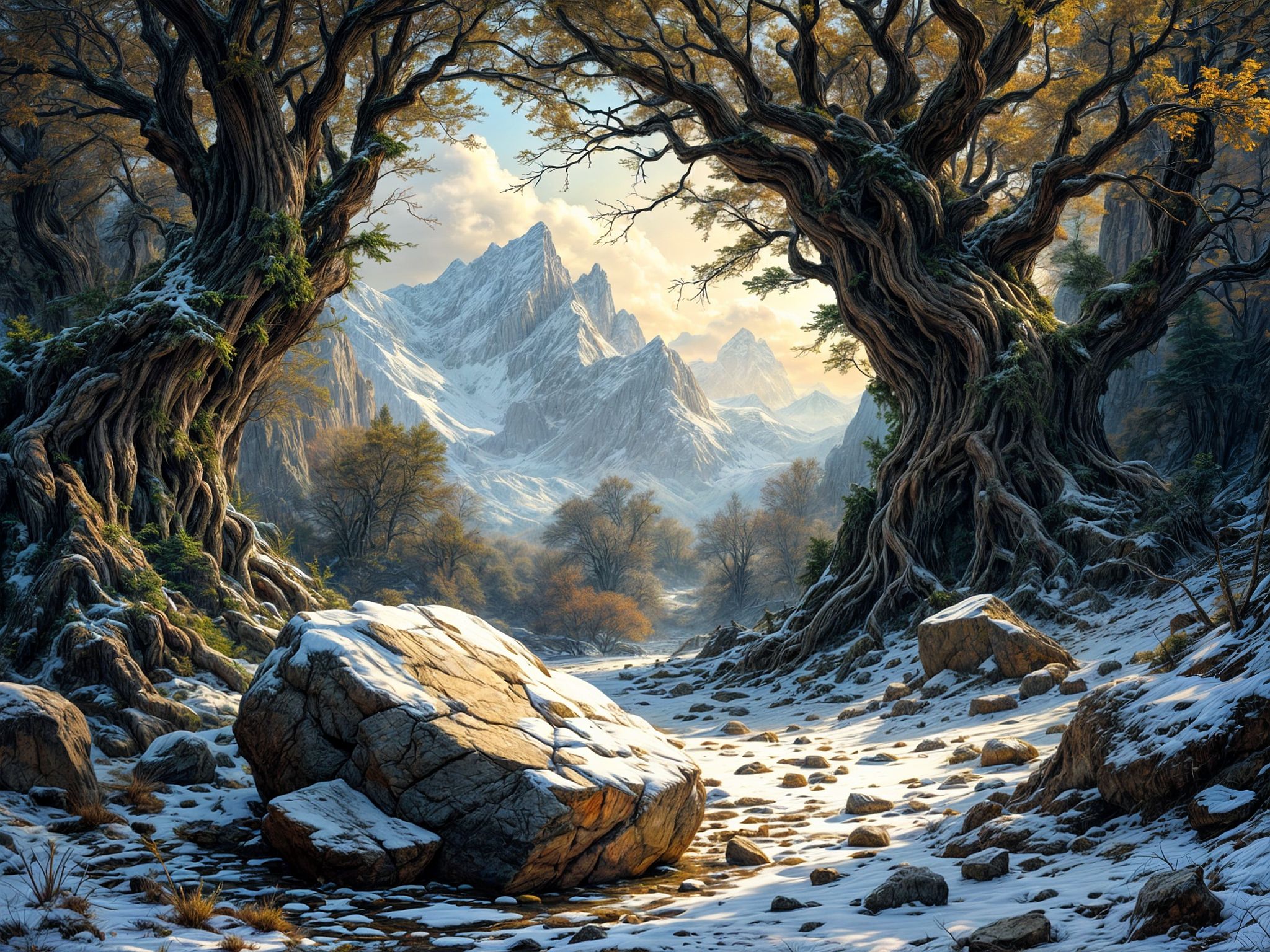 (ruins, broken, snow, dappled sunlight:1.2), sun, tree, forest, scenery, rock, reflection, ancient, overgrown, mountains, sunset, clouds, mountainous horizon, fantasy, medieval, 1other, looking away (masterpiece, exceptional, best aesthetic, best quality, masterpiece, extremely detailed:1.2), in the style of umempart