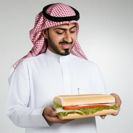 saudi man wear ghutra eat sandwich