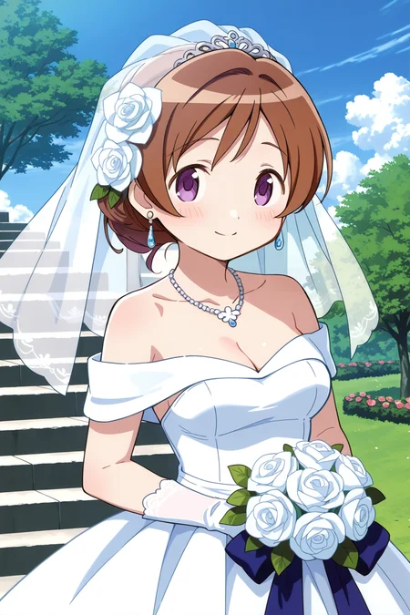 <lora:PuellaMagi:1>, PuellaMagi, 1girl, dress, wedding dress, veil, jewelry, solo, necklace, white dress, earrings, bridal veil, looking at viewer, smile, bridal gauntlets, flower, hair ornament, cleavage, white rose, outdoors, bare shoulders, hair flower, collarbone, rose, blush, white flower, stairs, strapless dress, day, tree, bride, off-shoulder dress, sky, blue sky, off shoulder, gloves,