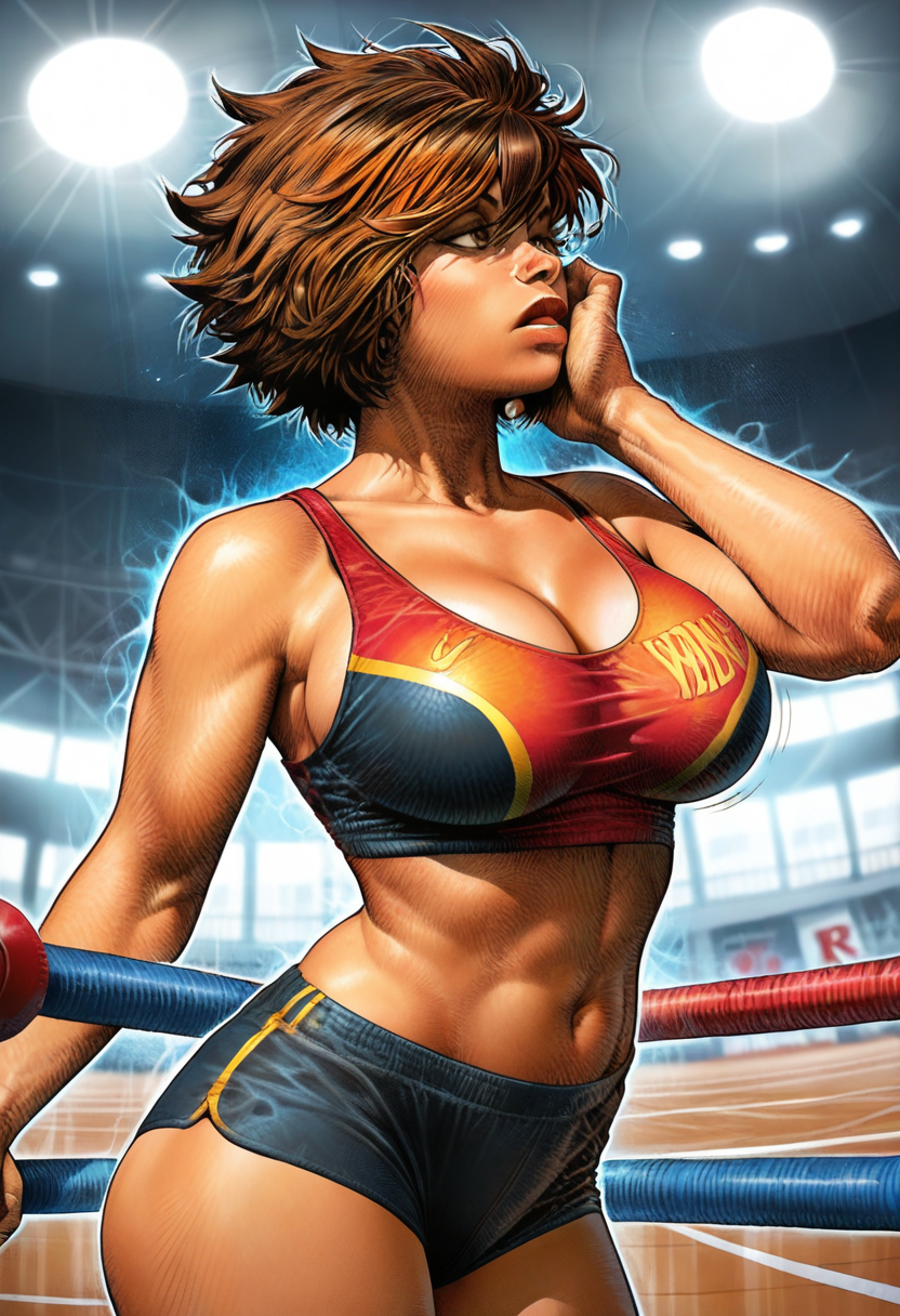 masterpiece, best quality, amazing quality, western_comics_(style) , 1girl, solo, large breasts, Mimicking a monkey scratching its head, fisheye, Carmine Twinset, spiked hair, permanent wave, Chestnut Brown hair, gym, cropped_arms, <lora:Illustrous\paolo_eleuteri_serpieri_IL:1.0>