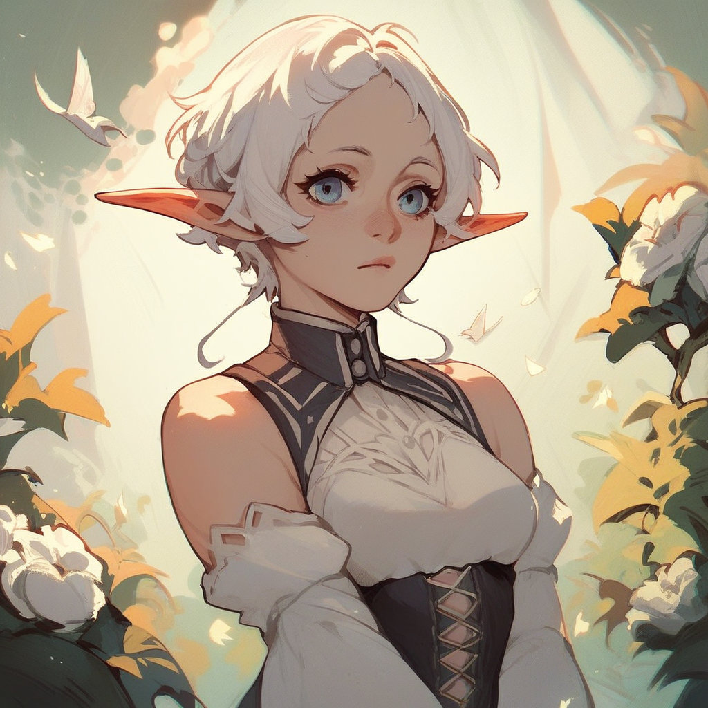 score_9, score_8_up, score_7_up, score_6_up, score_5_up, score_4_up, 1girl, sylphiette, elf ears, white hair, short hair, medium breasts, medium hips