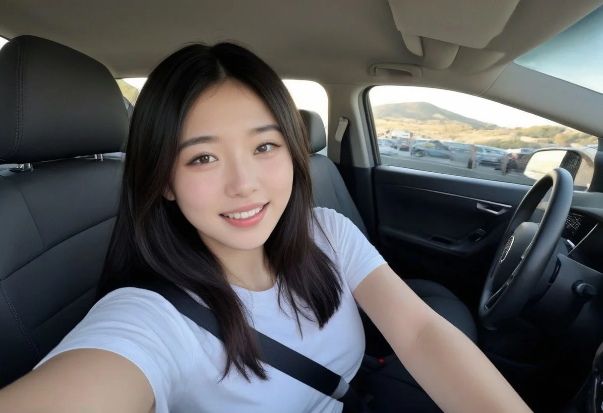Authentic share, Spontaneous, authentic, natural light: Car selfie. Person in driver's seat, light coming through windshield, dashboard and steering wheel in frame. Subject possibly caught mid-laugh or making a face. Korean girl