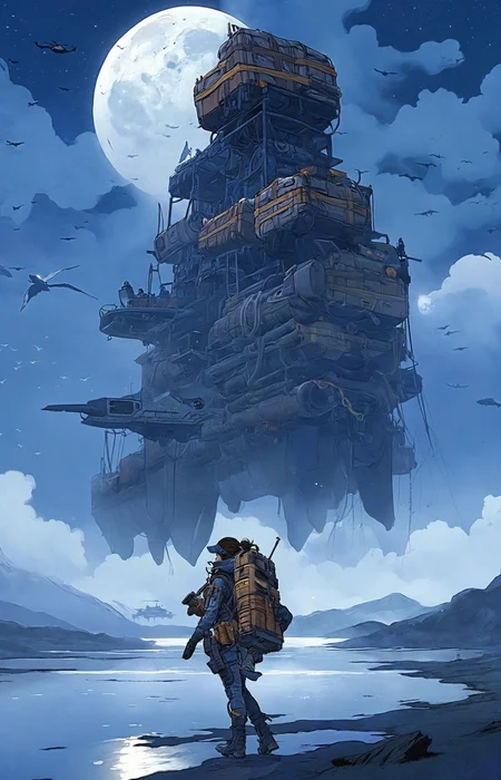 a lovely fascinated girl carries a sizable cargo while wielding a firearm, encapsulating the game's unique blend of isolation and combat., a vast, A moonlit lake, with fog rolling over the water and mysterious shapes beneath the surface sky ,moon just appeared ,Command base in background, a girl wearing with armor,weapon, headgear,motocycle bpk, backpacker, <lora:BPKXLV1-000003:0.8>