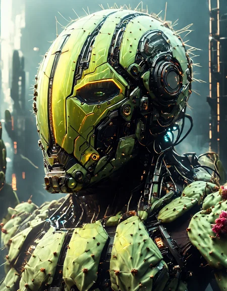 aidmaFLuxPro1.1, Prickly Pear Style, cyberpunk, ultra sharp, 32K, (desaturated:1.8), (low light), face focus, highly detailed photo of a (feminine:1.8) android made out of soft delicate cacti, her integrated helmet with beautiful blooming pink cacti flowers as hair. (perfect symmetric) Integrated visor with yellow green strip for eyes. her beautifully delicate appearance is deceiving and very prickly. Dynamic highlights, raytracing, sharpen, futuristic spaceship hangar (cacti skin), cactus