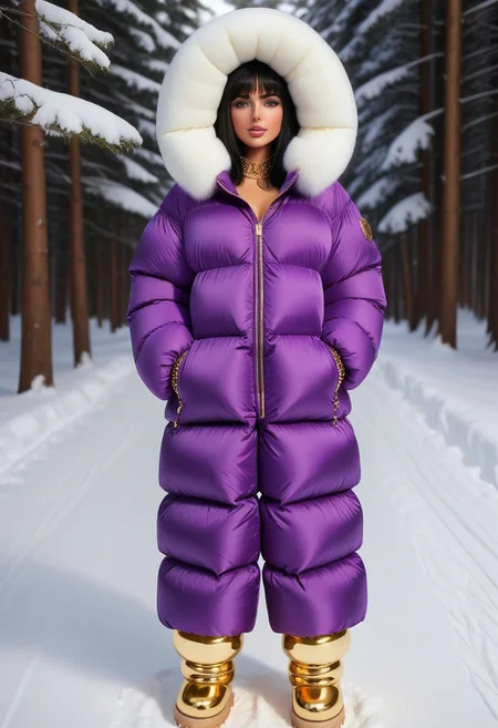 ((((puffer padded jacket)))), ((((puffer padded coat)))), ((((full body)))), ((((fur boots)))), ((((puffer pants)))), ((((puffer hood up)))), winter, snow, forest, 1girl, solo, (masterpiece), detailed face, detailed eyes, (beautiful detailed eyes:1.5), sidelighting, (super detail, hyper detail, intricate_details, detailed), (semi realistic:1.6), (Bob cut), blunt bangs,(black hair), (purple eyes, eyelashs), tanned skin, smug smile, angry face, Golden jewelery, golden rings, golden necklace, golden armlets, golden chains, padded cuffs, padded collar, Thick padded cuffs, Thick padded collar, <lora:Collar-SDXL:0.6>, <lora:Cuffs-SDXL:0.6>, <lora:Puffer_Jacket_and_Down_Jacket_-_Extra_Puffy_Jackets:0.4>, <lora:snowpants_v1:0.4>