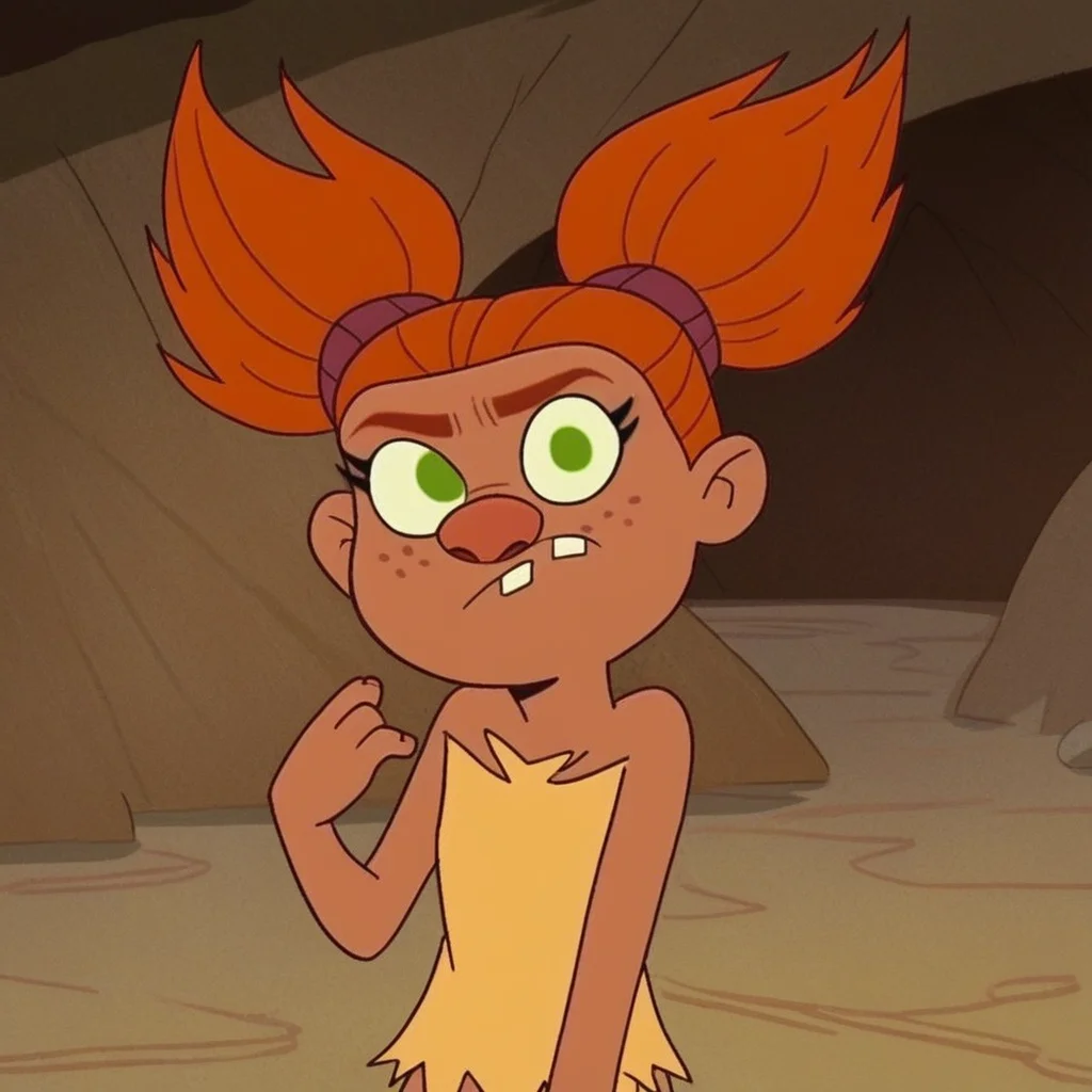 score_9, solo, sandycrood, orange hair, twin tails, dark skin, green eyes, freckles, bones, cave