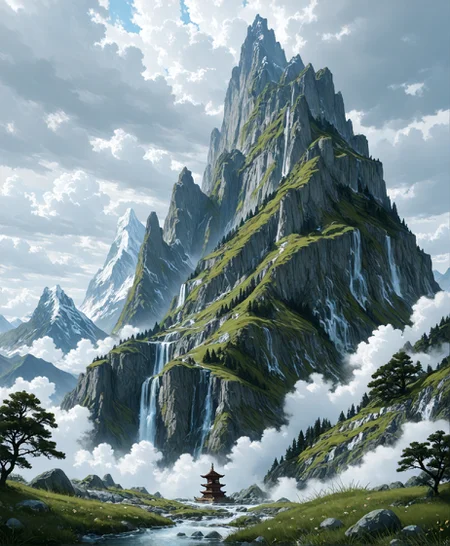masterpiece, best quality, amazing quality, very aesthetic, perfect eyes, Sinozick_illu, crestyle, Sinozick_illu, gr4ph1t3,
,outdoors, sky, day, cloud, water, tree, no_humans, cloudy_sky, grass, scenery, rock, mountain, architecture, waterfall,A stunning landscape photograph of a mountain range shrouded in mist, with a small pagoda in the foreground. The pagoda stands tall, surrounded by lush green grass and trees. The sky is filled with fluffy white clouds, and the mountains are tall and imposing. The water cascades down the rocky cliffs, creating a serene and tranquil atmosphere. The lighting is soft and diffused, casting gentle shadows on the mountains and the pagoda. The overall mood is one of tranquility and wonder.
