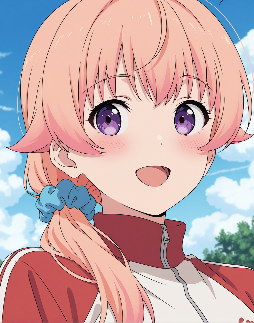 NicoW, peach hair, 1girl, solo, purple eyes, track jacket, ahoge, smile, cloud, upper body, sky, blush, track jacket, outdoors, long hair, open mouth, bangs, day, hair over shoulder, blue sky, hair scrunchie, looking away, blurry background, sports uniform, technicolor, detailed, 4k, best quality, masterpiece, intricate details, intricate colors, illustration, cinematic, cinematic shading, ray tracing, anime,anime screencap, anime coloring, anime screenshot,