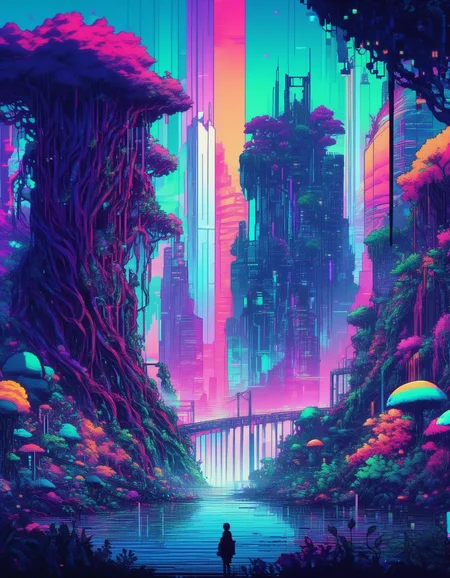 glitch art, glitches, artifacts, anime style, 90s anime, retro, pixels, flat colors, line art, silhouette, sci-fi city, gigantic futuristic buildings, overgrown, vines, gigantic trees, fantasy creatures, colorful vegetation, flooded, waterfalls, bridges, colorful neon lights, sunset, fog, moons, chromatic aberration, heavy film grain
