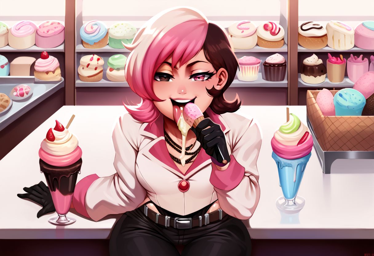core_9,score_8_up,score_7_up,score_6_up, 2d,
jlullaby, (1girl:1.5), shiny skin,
neopolitandef, pink, brown, two tone hair, two tone eyes, necklace, white jacket, leotard, black gloves, black pants, belt,
indoor, ice cream shop, table, sitting, ice cream, sunny,
pov, front view,
licking ice cream, tongue,