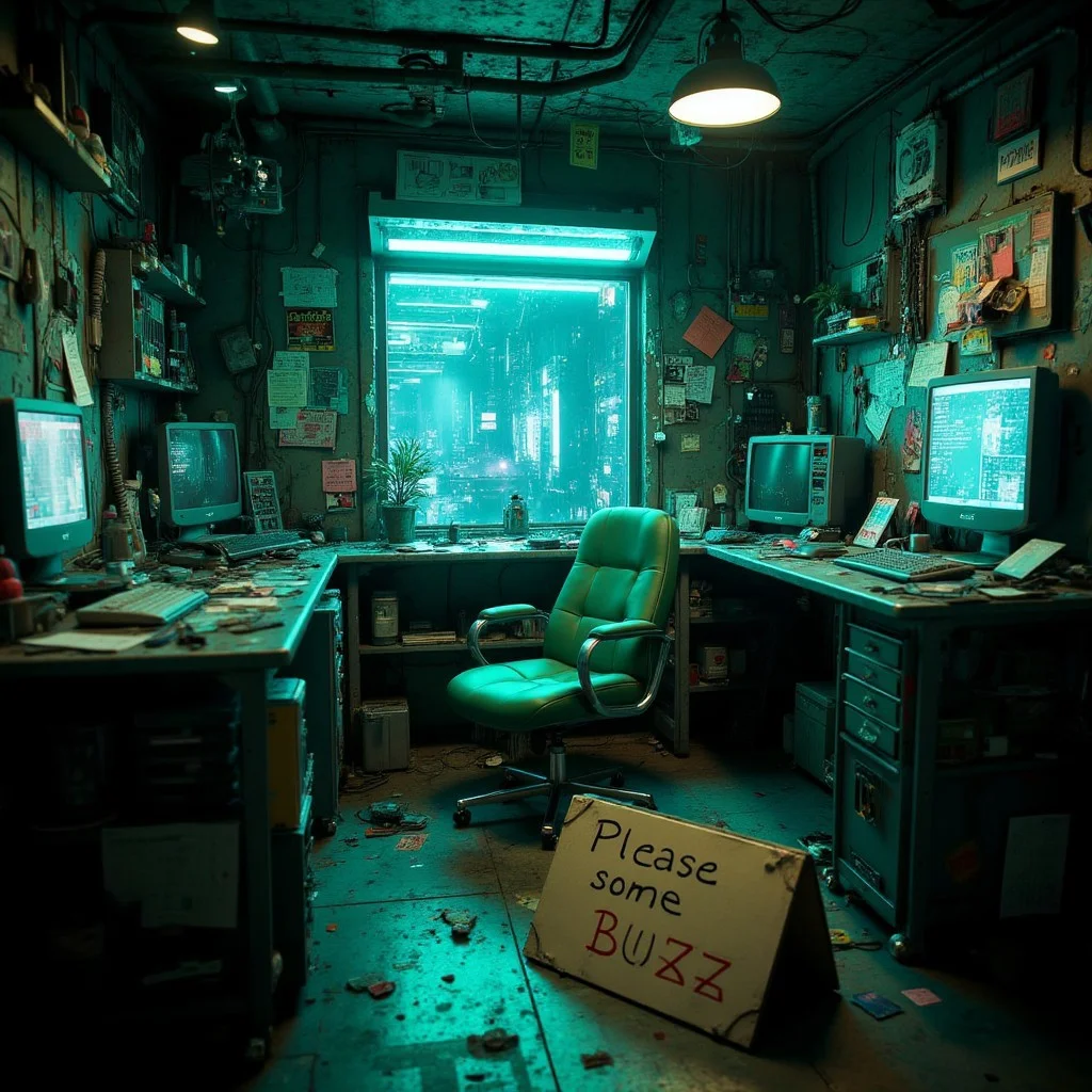 futuristic setting. inside a messy cyber-room is a green empty chair. there a futuristic computers and cables everywhere. a cyan glow is outside. in the room there is a futuristic messy table. on the floor there is a folding sign out of cardboard. on the sign is written "Please some buzz"