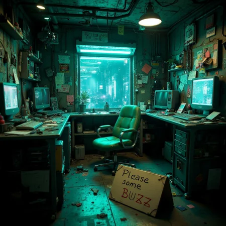 futuristic setting. inside a messy cyber-room is a green empty chair. there a futuristic computers and cables everywhere. a cyan glow is outside. in the room there is a futuristic messy table. on the floor there is a folding sign out of cardboard. on the sign is written "Please some buzz"