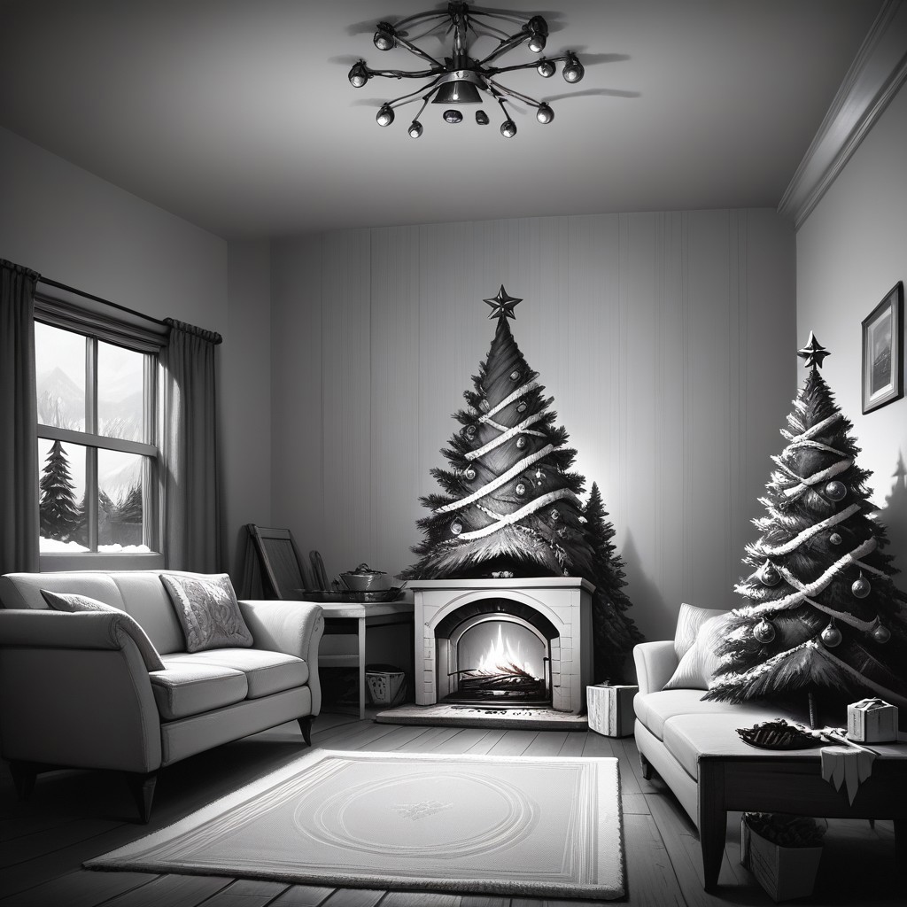 score_9, score_8_up, score_7_up, llbreton, monochrome, greyscale, chrlib, scenery, indoors, living room, night, oven, christmas tree, christmas ornaments, masterpiece, best quality, highly detailed, sharp focus, dynamic lighting