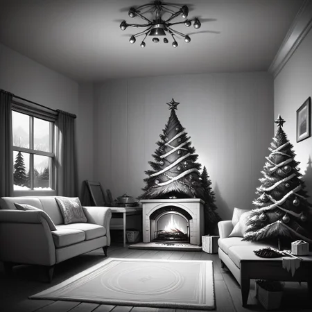 score_9, score_8_up, score_7_up, llbreton, monochrome, greyscale, chrlib, scenery, indoors, living room, night, oven, christmas tree, christmas ornaments, masterpiece, best quality, highly detailed, sharp focus, dynamic lighting