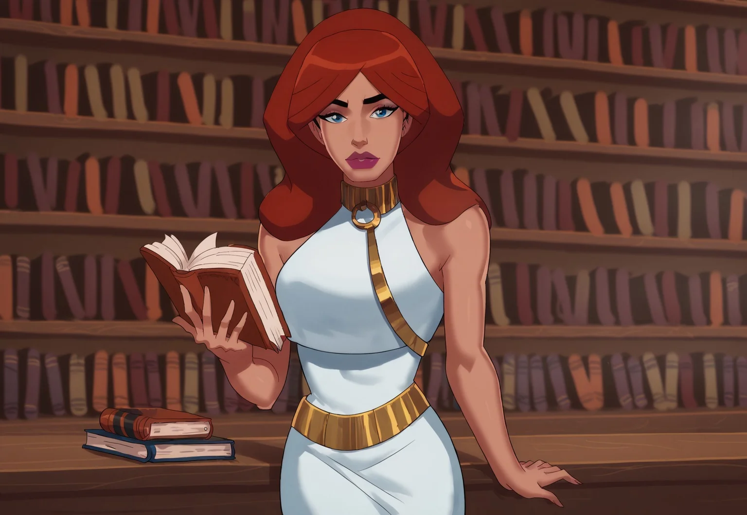 score_9_up, score_8_up, score_7_up, source_cartoon, solo, 1girl, red hair, long hair, blue eyes, makeup, lipstick, dress, white dress, neck ring, golden belt, sleeveless, boots, book, holding book, open book, library, looking at viewer, Alexa (dc)