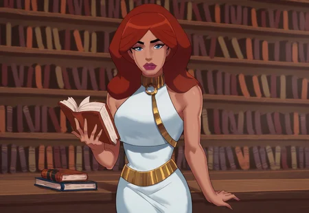 score_9_up, score_8_up, score_7_up, source_cartoon, solo, 1girl, red hair, long hair, blue eyes, makeup, lipstick, dress, white dress, neck ring, golden belt, sleeveless, boots, book, holding book, open book, library, looking at viewer, Alexa (dc)