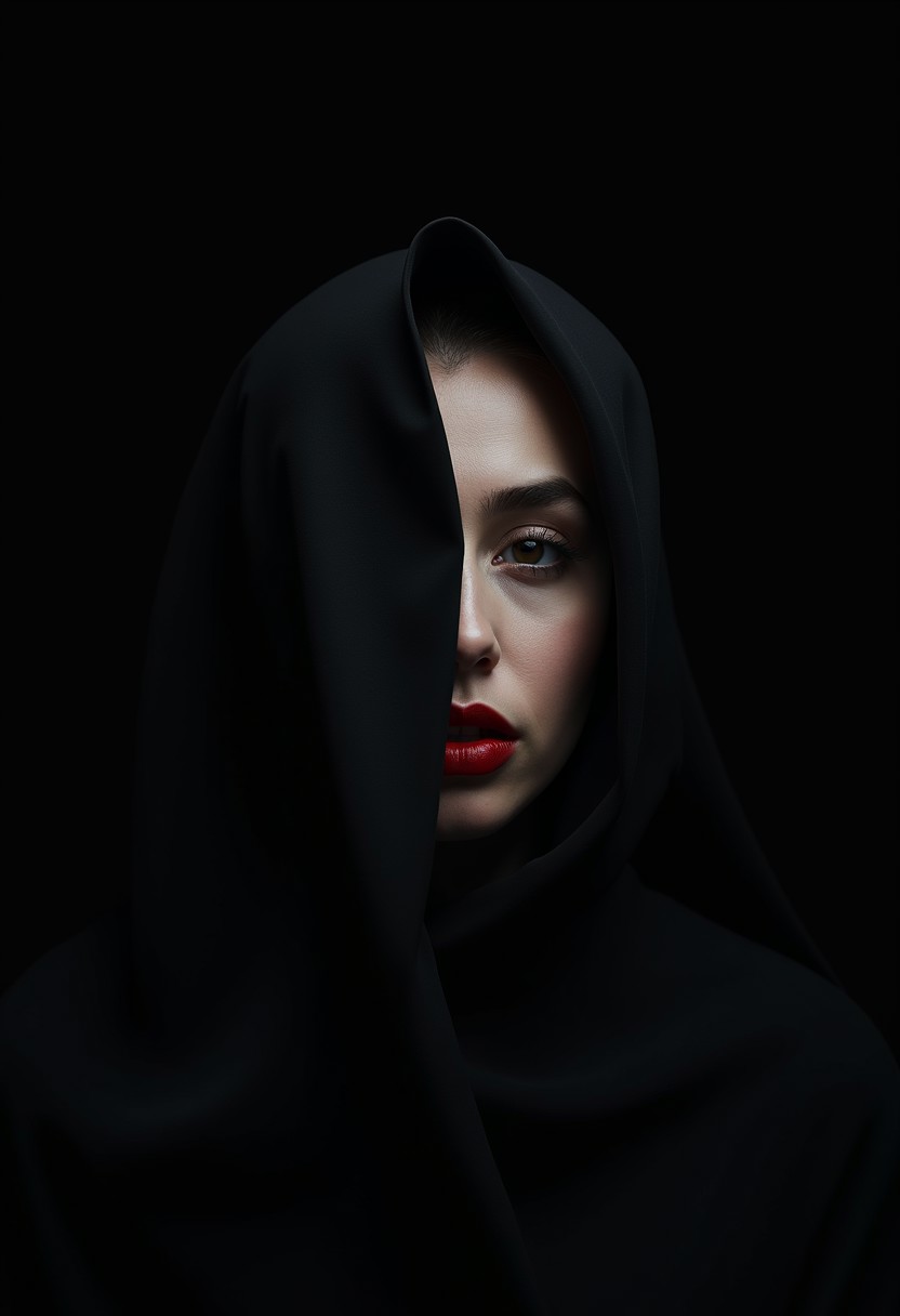 .In this masterpiece of photography, captured by a Fujifilm camera, a minimalist black background serves as the canvas for an exquisite portrait. The woman's face emerges, partially obscured by flowing fabric, creating an enigmatic and mysterious atmosphere. Sharp red lipstick accentuates her lips, adding a striking contrast against the dark tones of the composition. With ultra-realistic precision, every detail is rendered in insanely high resolution, making the image come alive in 8K HDR. The subtle gradient backdrop enhances the tranquil yet evocative aura, while the conceptual portraiture delves into the depths of perception. This stunning portrayal, enriched with a play on perception and visual metaphor, transports the viewer into a realm of surreal calm, where the beauty of minimalist abstraction meets the complexity of the human psyche.