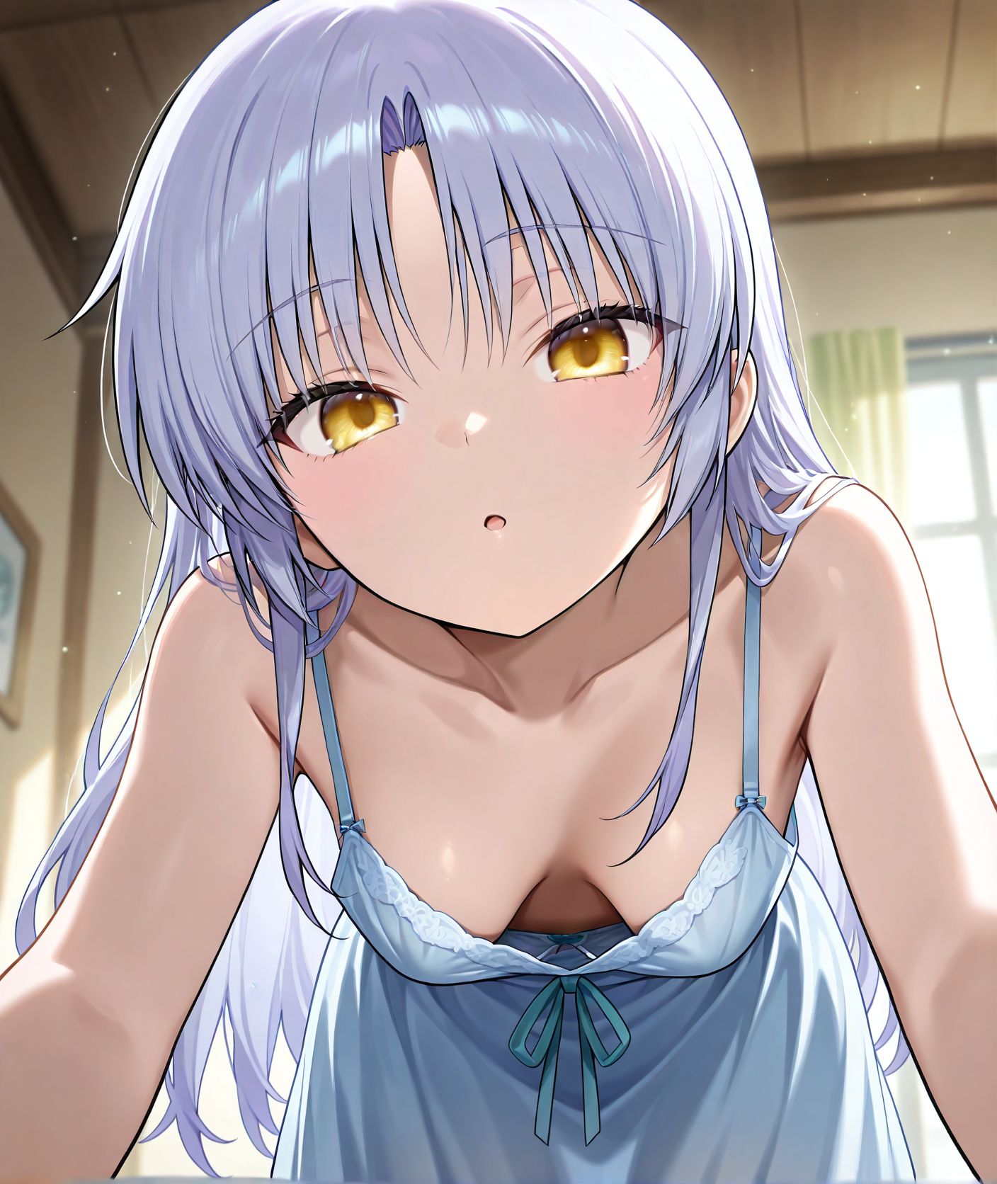 masterpiece best quality newest absurdres highres detailed eyes beautiful detailed background perfect eyes anime coloring anime screencap<lora:add-detail-xl:0.5>,,masterpiece, best quality, newest, absurdres, highres, detailed eyes, beautiful, detailed background, perfect eyes, anime coloring, anime screencap,
<lora:Downblouse:0.7>Downblouse_V1,
1girl,solo,underwear,sagging breasts, 
breasts,looking at viewer,
cleavage, sagging breasts, 
seductive pose, large bust, leaning forward,  
exposed cleavage, suggestive angle, 
bent over,downblouse, 
BREAK
tachibana kanade, angel beats!, 
official art,  20 YO, milf,