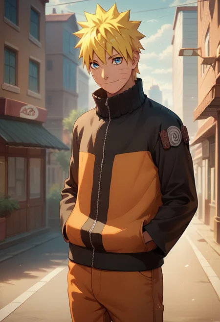 score_9, score_8_up, score_7_up, source_anime, detailed, novel illustration, wallpaper, beautiful details, naruto uzumaki, 1boy, solo, male focus, blue eyes, whisker markings, blonde hair, short hair, spiked hair, jacket, orange pants, smile, closed mouth, looking at viewer, standing, hands in pockets, city, outdoors,
