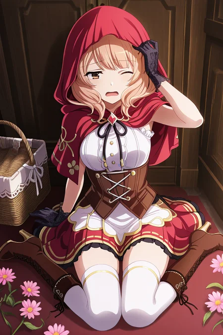masterpiece, best quality, amazing quality,
<lora:Yuyuko_IL:1> yuyuko, 1girl, thighhighs, solo, flower, hood, one eye closed, white thighhighs, boots, sitting, skirt, gloves, open mouth, blonde hair, brown footwear, brown eyes, high heels, indoors, capelet, hooded capelet, high heel boots, black gloves, basket, sleeveless, red skirt, on floor