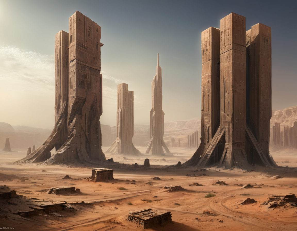 The remnants of the towering edifices resembled giant blocks scattered across the arid landscape, their sharp angles and geometric forms hinting at the alien architects who once inhabited this boxy world, b3ks1n