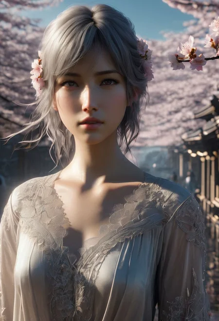 Graphics Unreal Engine 5, 3D Modeling, UV Mapping, Texture, Rendering, Graphics quality ray tracing, Particle System, 3D Manufacturing Formats, Cartesian Coordinate, Acrylonitrile Butadiene Styrene, ghostblade WLOP art style, Final Fantasy XVI collaboration 5 Centimeters per Second , fullbody a Character woman wear Nightgown made from thin silk material,scene 5 Centimeters per Second, platinum, ultra hdr, ghostly beauty, windy, raw photo, lighting, intricately detailed, digital art, ride the beast, high detail, 4k resolution, a dramatic view , dynamic motion blurlens flares, more dramatic lighting, deeper and more contrasted shadows, a colder color grading, more Cherry blossom petals