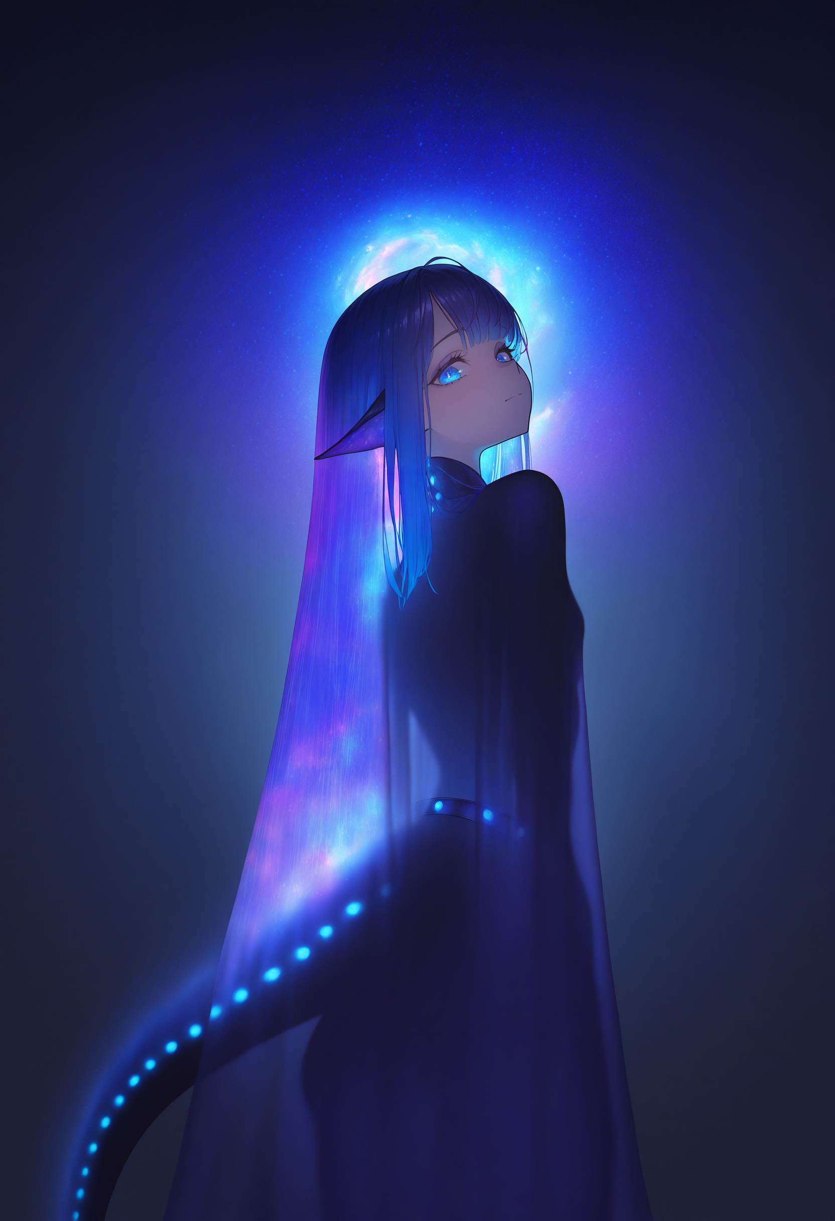 bioluminescence, by [ekrea jan|diyokama|say hana|lam],
ultraviolet, silhouette, closed mouth, double exposure, iridescent nebula galaxy, ethereal glow, bloom, hdr, blue glow, looking at viewer, orions belt, see-through, tail, blue eyes, blue glow, blue hair, glowing, monster girl, see-through silhouette, pointy ears, 
masterpiece, best quality, very aesthetic, very awa, absurdres
<lora:noobai_epred_11_bioluminescence_v15:1>