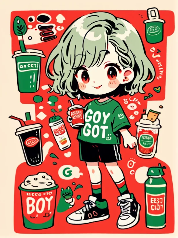 masterpiece, best quality,
cute doodle, shirt, shoes, short hair, cup, red background, black shorts, shorts, print shirt, hairclip, holding, drinking straw, hair ornament, black hair, blush, smile, red eyes, holding cup, simple background, sparkle, english text, bangs, standing, green eyes, heart, long sleeves, sneakers, disposable cup, short sleeves
<lora:cutedoodle_XL-000012:0.65>