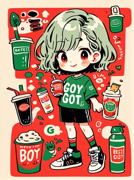 masterpiece, best quality,
cute doodle, shirt, shoes, short hair, cup, red background, black shorts, shorts, print shirt, hairclip, holding, drinking straw, hair ornament, black hair, blush, smile, red eyes, holding cup, simple background, sparkle, english text, bangs, standing, green eyes, heart, long sleeves, sneakers, disposable cup, short sleeves
<lora:cutedoodle_XL-000012:0.65>