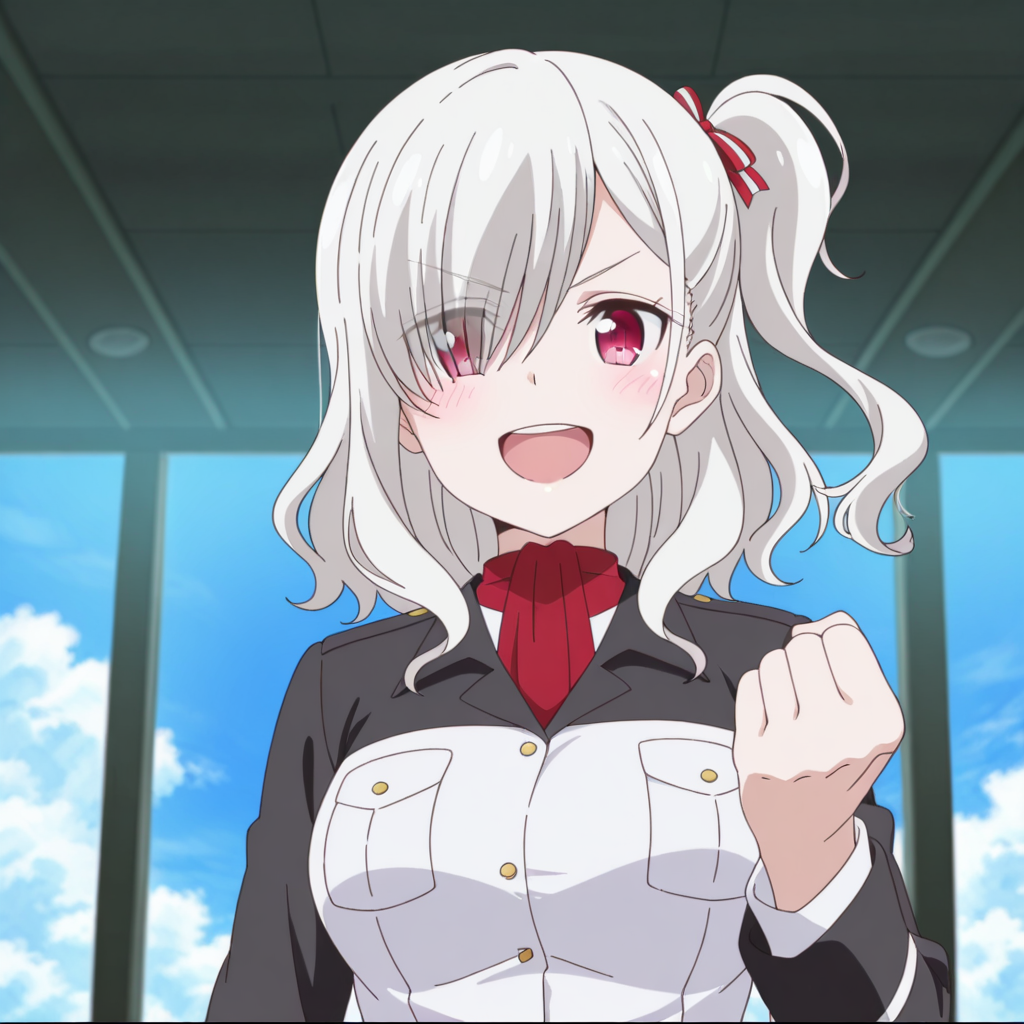 nsfw, masterpiece, best quality, 1girl, solo, warlords_of_sigrdrifa_komagome_azuzu, red eyes, open mouth,  smile, clenched hand, looking at viewer, one side up, eyes visible through hair, blush, cloud, sky, indoors, blue sky, ribbon, hair over one eye, hair ribbon, white hair, breast pocket, day, :d, long sleeves, <lora:Komagome_Azuzu_-_Warlords_of_Sigrdrifa:0.7>