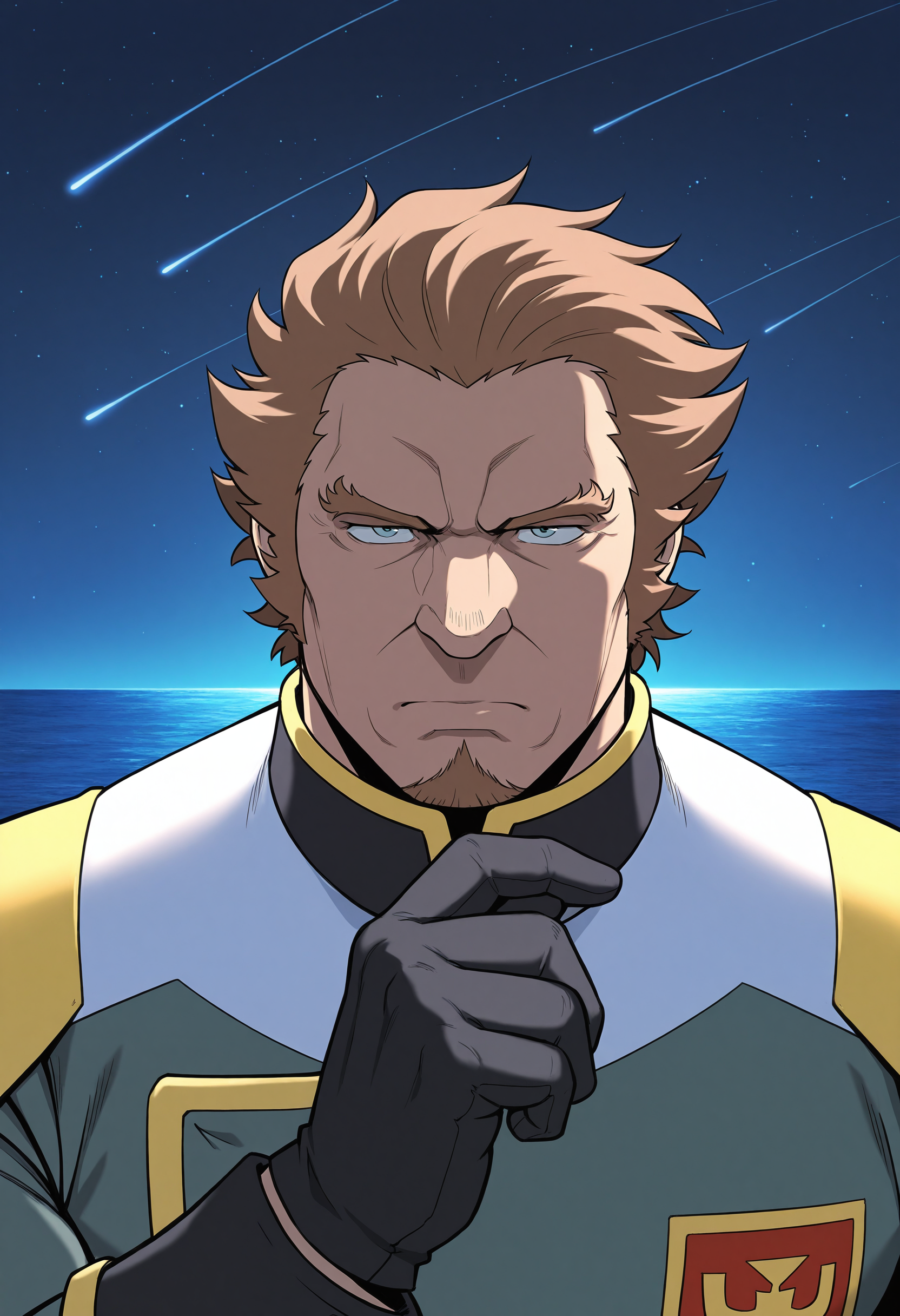 1boy, dawn, (portrait:1.5), standing, ocean, gundam, serious, facing viewer, night, looking at viewer, shooting star,
BREAK
<lora:Crank_Zent_from_Dry_Soldier_by_Gai_Mizuki_v0.1:0.9>
crankzent, mature male, short hair, brown hair, sideburns, goatee, muscular, thick arms,
gjallarhorn officer uniform, yellow trim, white accents, black gloves,
BREAK
very awa, masterpiece, best quality, absurdres, newest, perfect quality, detailed background, intricate details,