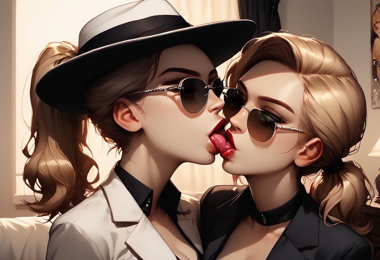 crisp image, score_9, score_8_up, score_7_up, 2girls, ((2 adorable and cute sexy sluts)), realistic lighting, realistic shadows, Expressiveh, 
BREAK, detectiveincog, beautiful skin, sunglasses, cute and sexy face, green eyes, blonde hair, ponytail, light skin, round perky breasts, red lipstick, black shirt, button up blouse, open collar, open_shirt, BlackSquare framed shades, tinted_eyewear, black_framed_eyewear, sunglasses, black trousers, black heeled boots,  black blazer, black fedora,
BREAK, partierbetherz, fedora, sunglasses, dominant, cute and sexy face, beautiful skin, blonde hair, ponytail, beautiful face, light skin, petite perky breasts, black shirt, button up blouse, open collar, open_shirt, black_and_silver_aviators, tinted_eyewear, black_framed_eyewear, sunglasses, white_blazer, black_shirt, white_pants, black_heel_shoes, white blazer, white fedora,
BREAK, detailed background, beautiful lighting, evening, sunset, black curtains, light bleeding through curtain, bedroom, messy room, messy bed, posters on the wall, 
2girls, 2 girls, lesbians, detective Incog, Beth, lesbian kiss, kissing, french kiss, close up, multiple views, <lora:Kiss_multiple_view:1>, cowboy shot, full body shot, neck grab,