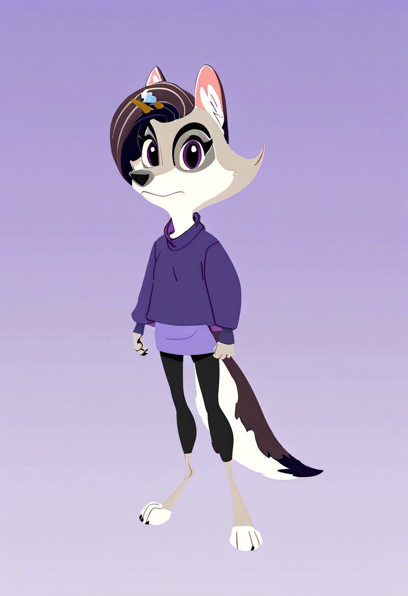 score_9,score_8,score_7,source_furry,
v10l3tw0lf,
furry female, violet_wolf, violet_wolf_great_wolf_lodge, wolf girl, female, 1girl, solo, tail, animal ears, furry, claws, hair ornament, looking at viewer, sweater, purple eyes, simple background, long sleeves, multicolored hair, hairclip, body fur, artist name, barefoot, purple shirt, official art, official style,
Stable_Yogis_PDXL_Positives,