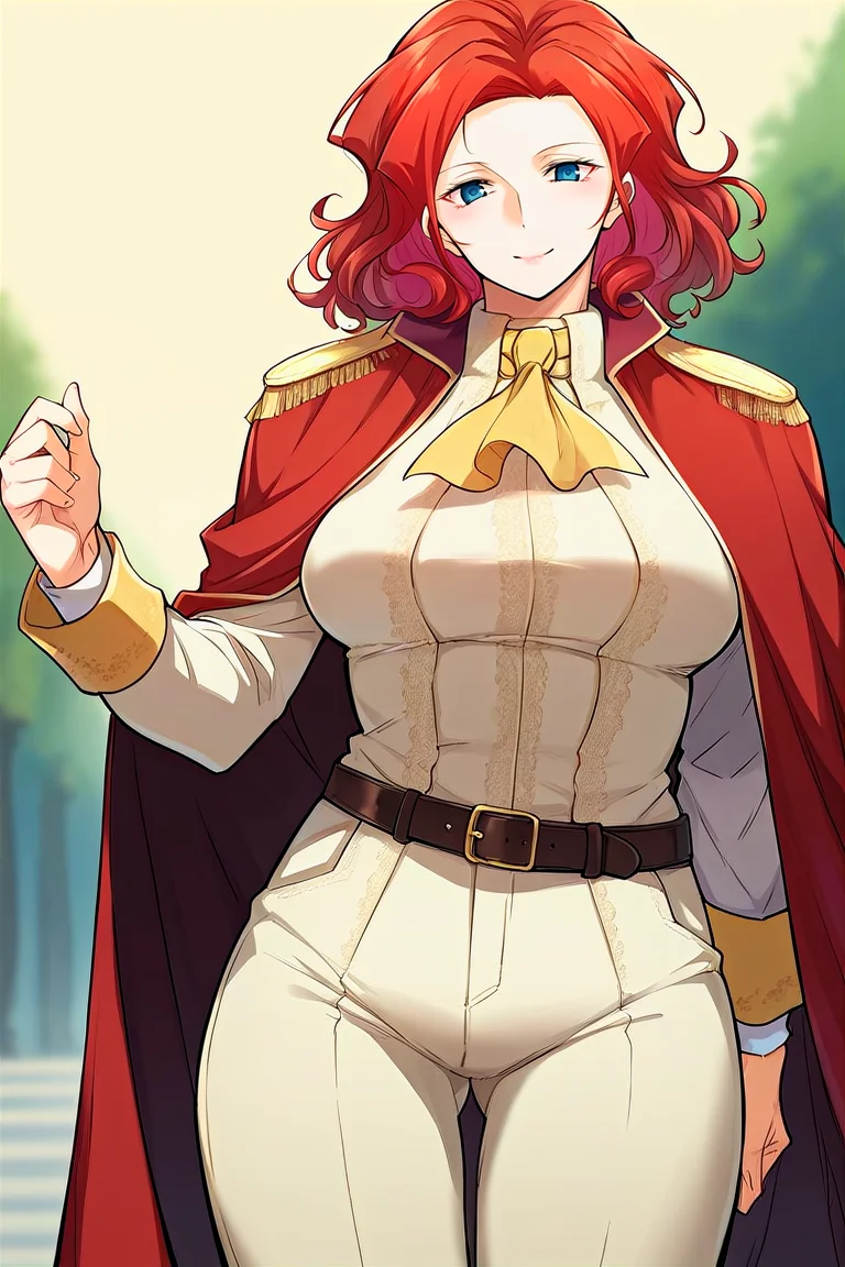 score_9, score_8_up, score_7_up, score_6_up, score_5_up, score_4_up, rating_questionable, , source_anime, digital illustration, pixiv, fanbox, uncensored, , BREAK, official art,
1girl, solo, mature female, alicia, red hair, blue eyes,
white shirt, yellow ascot, red cape, epaulettes, pants, belt, light smile, outdoors, blush, looking at viewer, cowboy shot, <lora:Alicia_Magentano_Pony-10:0.8>