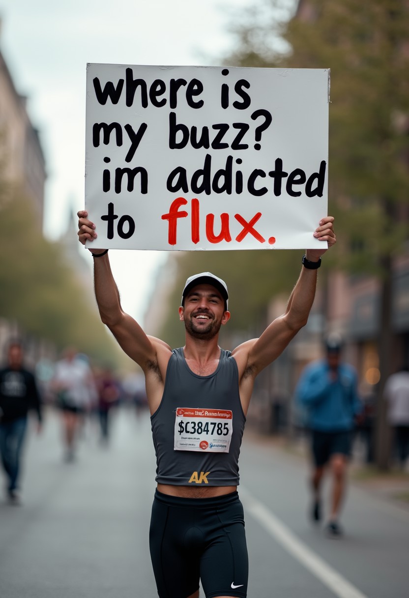 a man in a jogging outfit holding up a sign with the words  " where is my buzz ? im addicted to flux "
