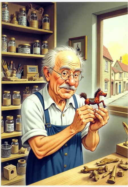 Old book illustration style, colored drawing of an elderly man repairing a wooden toy at a cluttered workbench inside a small workshop. He wears round spectacles low on his nose, a rolled-up white shirt with suspenders, and has a kind, focused expression. His hands hold a tiny hammer and a carved wooden horse. Shelves behind him are filled with tools, jars of nails, spools of thread, and wooden scraps. A window to his side shows a quiet village street bathed in golden afternoon light. The colors are soft and muted, with fine crosshatching and gentle painterly textures, capturing a nostalgic, peaceful storybook charm. <lora:oldillustration_V1.1:1>