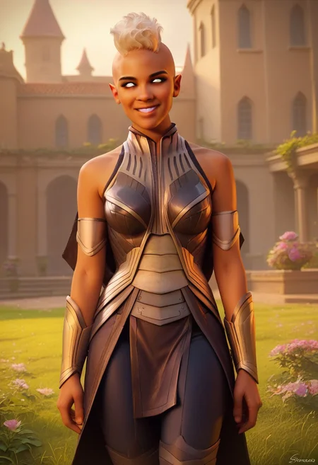 score_9, score_8_up, score_7_up, female, solo, ororo,white hair, mohawk, white eyes, brown skin,outfit1, armlets, vambraces, medium breasts, outdoors, english garden,mansion in background, looking at viewer, smile, grass