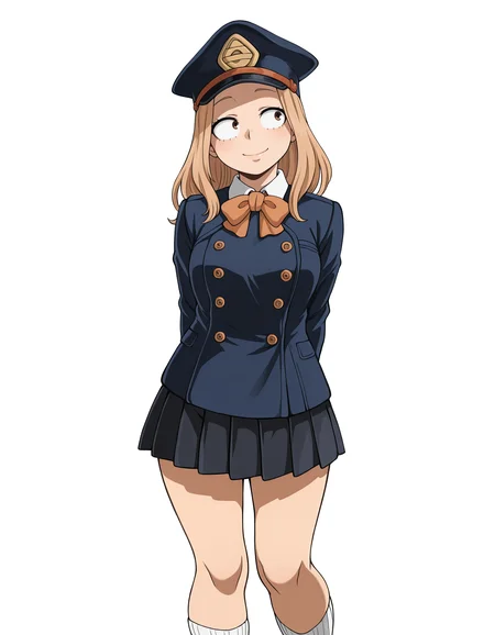 <lora:Camie Illu New:1>
1girl, solo,
cami3, brown eyes, blonde hair, long hair,
shiketsuschool, blue blazer, buttons, orange bowtie, black pleated skirt, white socks, peaked cap,
standing, arms behind back, looking to the side, smile,
simple background, white background,, masterpiece, best quality, amazing quality