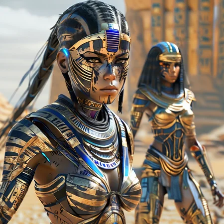 pharaotech warrior girl cyborg on the battlefield, powerful Egyptian cyborgs in the background, very detailed, expressive, cinematic<lora:pharaotech:1>