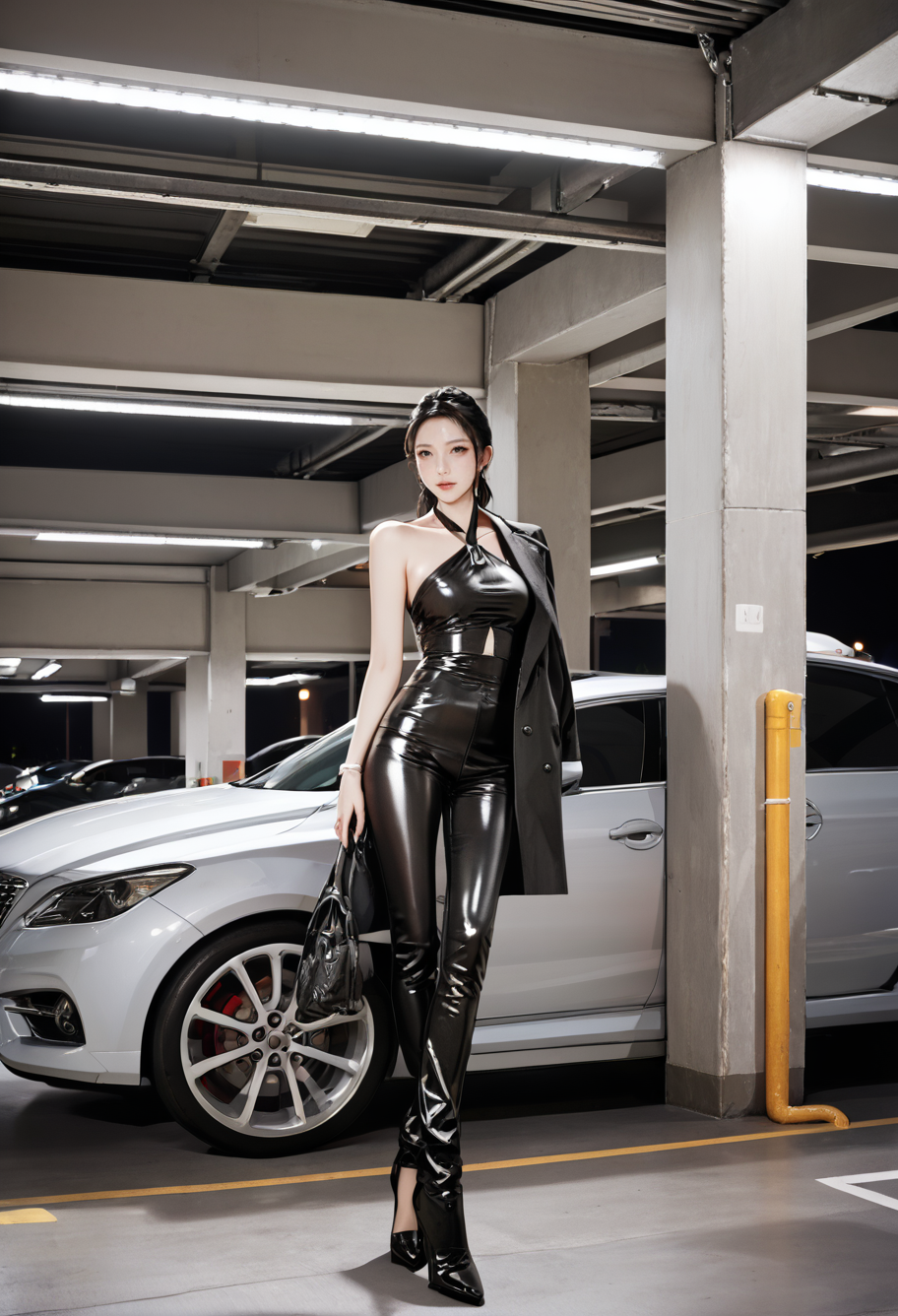 ,ruanyi1409,indoors,motor vehicle,,ruanyi1400,halterneck,sleeveless,tight clothes,leather pants,coat,
dark,night,black background,dim lighting,<lora:1409 Underground parking lot_v1_pony:1>,<lora:1400 date attire_v1_pony:0.9>, score_9,score_8_up,score_7_up,,8k,solo,,