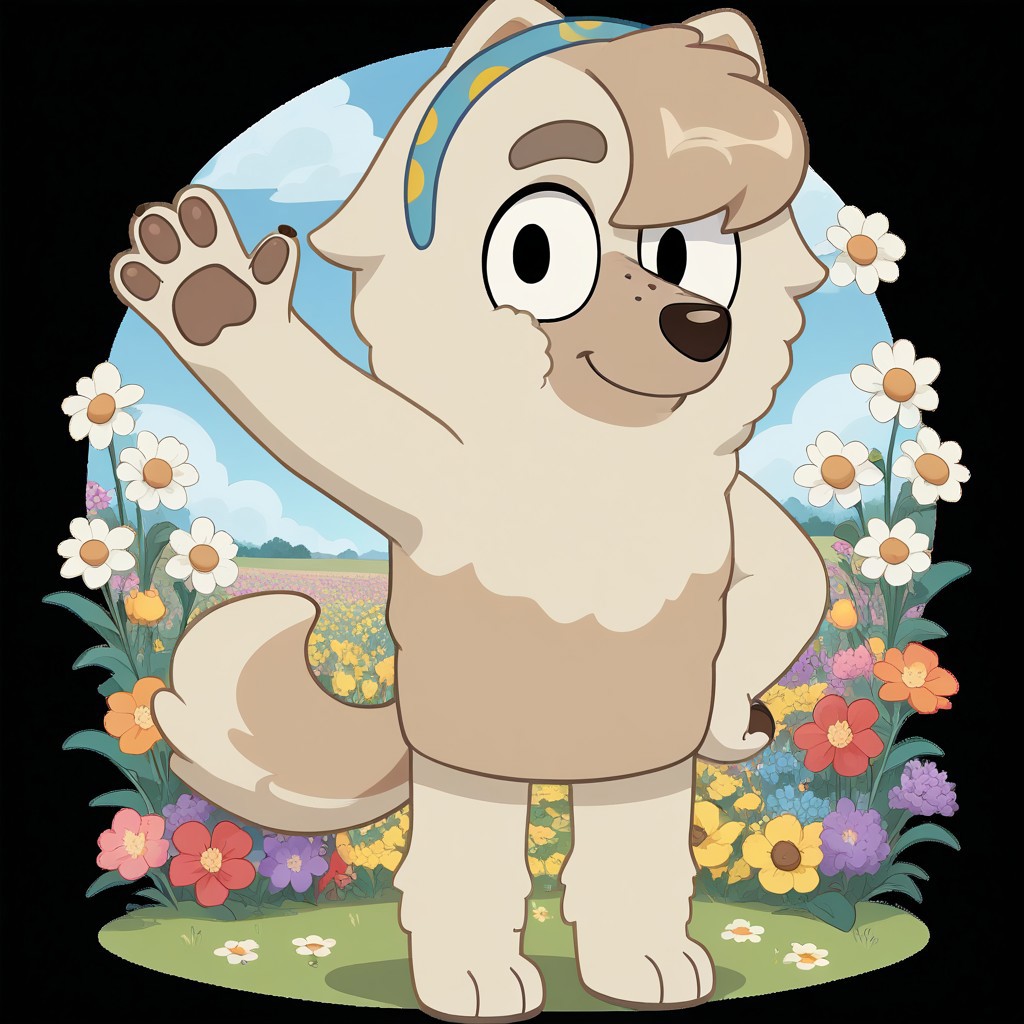 score_9, score_8_up, score_7, source_cartoon, Judo(Bluey), Solo, 1girl, anthro, female furry, dog girl, chow chow, white and gray fur, fluffy fur, bangs, fluffy tail, black eyes, freckles, blue and yellow hairband, looking at viewer, full body, standing, smile, waving at viewer, flower field background,