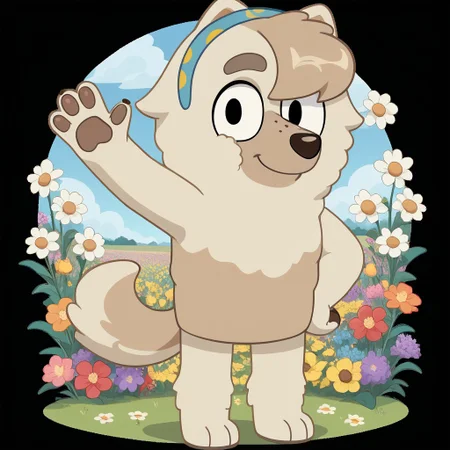 score_9, score_8_up, score_7, source_cartoon, Judo(Bluey), Solo, 1girl, anthro, female furry, dog girl, chow chow, white and gray fur, fluffy fur, bangs, fluffy tail, black eyes, freckles, blue and yellow hairband, looking at viewer, full body, standing, smile, waving at viewer, flower field background,