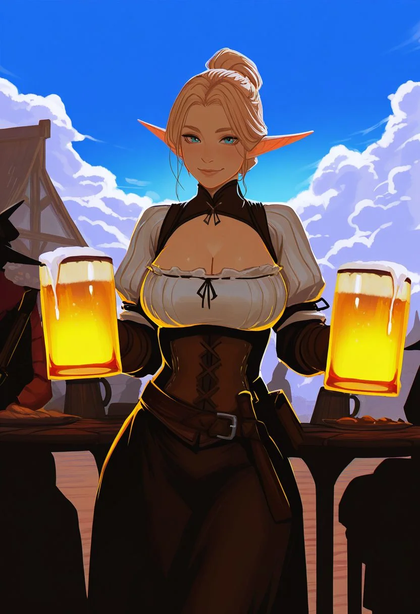 Smooth_Quality, blocky, painterly, 1girl, solo focus, female, solo, elf girl, elf ears, medieval, tavern, fantasy setting, outdoors, barmaid, cleavage, dual wielding, beer mug, round tables, multiple others, glowing beverage, holding, seductive, standing, looking at viewer, smile, day, blue sky, clouds, cowboy shot, <lora:IncaseStyle_NoobAI:1>